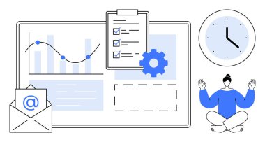Zaman optimizasyonu, iş akışı yönetimi, iş planlaması, veri analizi, e-posta iletişimi, stres dengesi. Çizelgeler, kontrol listesi e-posta figürü meditasyon. Zaman optimizasyonu ve iş akışı