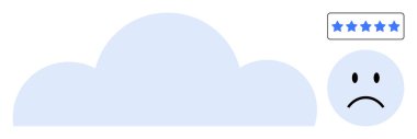 Geri bildirim konsepti. Kullanıcı geribildirimini hüzünlü duygular, yıldız değerlendirmeleri ve bulut sembolü ile yansıtıyor. Geri bildirim, müşteri memnuniyetsizliğini ve eleştirileri vurgular. Müşteri hizmetleri, bulut hesaplama, UX tasarımı için