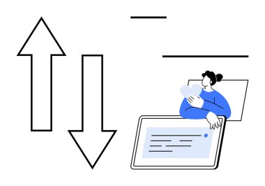 Veri paylaşım konsepti. Okların yukarı ve aşağı bilgi alışverişi yaptığı bir tablet üzerinde veri tutan kullanıcı. Veri paylaşımı bağlantı ve verimli bilgi akışını sağlar. İletişim için mükemmel.