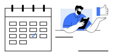 Görev yönetimi, verimlilik, programlama, organizasyon, planlama, onay. Takvim bir işaretleme işaretini gösterir, ve bir kişi baş parmak işareti veren bir tablet tutar. Görev yönetimi ve zamanlaması