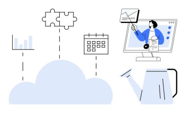 Bulut hesaplama. Bulut veri depolama ve bağlantı. Analiz için bulut hesaplama, online işbirliği ve verimli iş akışı. Bilişim hizmetleri, dijital büyüme, bulut çözümleri, uzak takımlar için