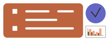 Kutuları açık olan kontrol listesi, tamamlanmış görev işaretleri, bar çizelgesi izleme süreci. Organizasyon, üretkenlik, planlama, veri analizi, hedef belirleme, yönetim için ideal düz metafor