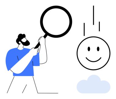 Araştırma konsepti. Elinde büyüteç olan ve gülümseyen bir yüz simgesine odaklanan bir adam aracılığıyla araştırma yap. Araştırma kapsamı analizi, problem çözme, veri içgörüsü. Eğitim ve iş için harika.