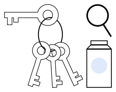 Bir büyüteç ve konteynırın yanındaki anahtarlığın üzerindeki antika anahtarlar keşif, güvenlik, araştırma, soruşturma, erişim, gizem ve problem çözmeyi öneriyor. Basit bir düz metafor için ideal.