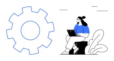 Teknoloji konsepti. Teknoloji bir vites ve dizüstü bilgisayar kullanan bir kadın sembolü. Yeniliği destekleyen teknoloji, uzak çalışma, iş akışı verimliliği ve modern çözümler. İş, eğitim ve bilişim için.