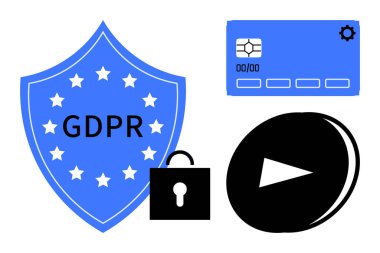 Veri gizliliği, siber güvenlik, uyum, dijital haklar, bilgi güvenliği, çevrimiçi medya. Mavi GDPR kalkanı, kredi kartı oynama düğmesini kilitle. Veri gizliliği ve siber güvenlik kavramı