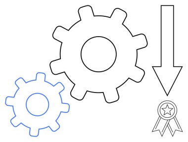 İş stratejisi, verimlilik iş akışı, süreç iyileştirmesi, başarı, ilerleme ve hedefler. Vites, ok ve kurdele ikonu. Verimlilik iş akışı ve ilerleme kavramı