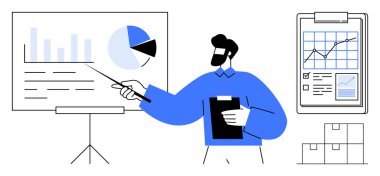 İş stratejisi, analitik, piyasa araştırması, proje planlaması, veri görselleştirmesi, takım işbirliği. Bir adam grafiği gösterir ve bir pano tutar. İş stratejisi ve analitik kavramı