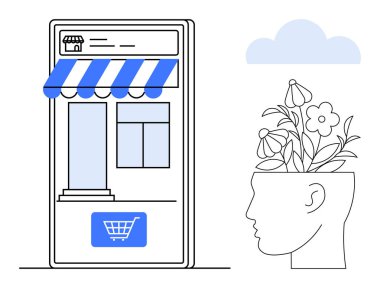 Akıllı telefon, mağaza önü ve alışveriş arabasıyla birlikte çiçek açan çiçekler ve bulutlarla çevrili. Çevrimiçi alışveriş, yenilik, büyüme, yaratıcılık, akıl sağlığı, e-ticaret, denge için ideal