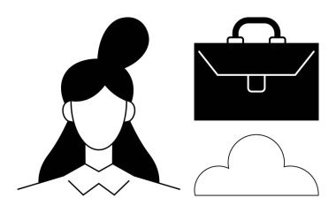 Entrepreneurship, remote work, digital storage, business management, professional identity, cloud computing. A woman, a briefcase and a cloud symbol. Entrepreneurship and digital storage concepts