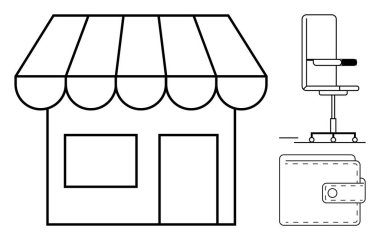 Retail, office design, shopping, business concepts, furniture, financial planning. A storefront, an office chair and a wallet in clean line art. Retail and office design concepts