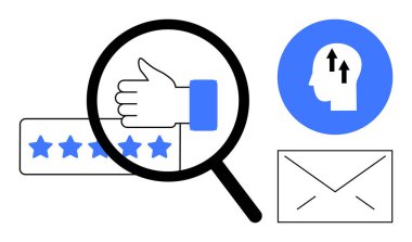 Müşteri geribildirim kavramı. Müşteri memnuniyeti, yıldızlar, başparmak ve büyüteçle vurgulandı. Müşteri geribildirimi iş, kullanıcı deneyimi ve iletişimi artırır. Pazarlama için, kullanıcı