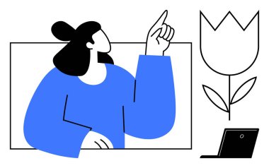 Eğitim, yaratıcılık, iletişim, teknoloji, çiçek sanatı, uzaktan çalışma. Kadın el hareketi, lale çizimi ve dizüstü bilgisayarla işaret ediyor. Eğitim ve yaratıcılık kavramı