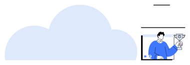 Dijital çalışma alanı olan bulut grafiği, çevrimiçi bir ortamda elinde kupa tutan bir kişi. Bulut hesaplama, dijital başarı, liderlik, uzaktan çalışma, tanınma, yenilik için ideal