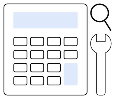 Düğmeli hesap makinesi, büyüteç ve ingiliz anahtarı sorun çözme, analiz ve teknik desteği simgeliyor. Sorun çözme, onarım, veri denetimi, muhasebe optimizasyon hizmeti için ideal