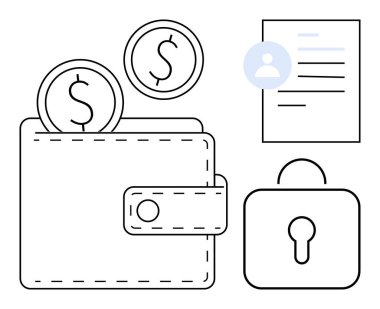 Mali güvenlik, çevrimiçi işlemler, veri koruması, kimlik doğrulama, kripto para birimi, kişisel finans. Minimalist cüzdan, madeni para belgeleri ve siyah beyaz kilit simgesi. Finansal