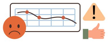 Üzgün surat, uyarı işareti ve kabul ya da strateji önerisi olan aşağı doğru grafikler. Ticari eğilimler için ideal, finansal kayıp, geri bildirim, başarısızlık etkisi, dikkat, düzelme basit düz
