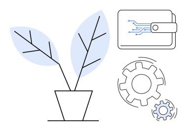 Finansal teknoloji, yeşil girişimler, otomasyon, çevre dostu çözümler, dijital finans, yenilik. Bir bitki, dijital cüzdan ve vites ikonu teknolojisi ve çevre. Fintech ve yeşil