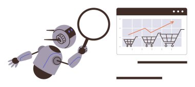 Robot elinde büyüteç, alışveriş arabasının veri tablosunda temsil edilen e-ticaret satış trendlerini inceliyor. Otomasyon için ideal, yapay zeka, online alışveriş, veri analizi, e-ticaret