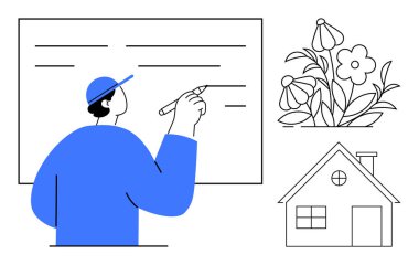 Eğitim, öğrenme, doğa, ev kavramları, yaratıcı düşünce, görsel tasarım. Tahtaya yazı yazan kişi, çiçek parçaları ve ev çizimi. Eğitim ve ev kavramları