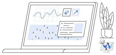 Veri analizi. Dizüstü bilgisayarında grafik ve çizelge bulunan veri analizi paneli iş sezgileri ve eğilimleri sergiliyor. Veri analizi verimliliği ve karar vermeyi arttırır. İş için mükemmel, teknoloji.