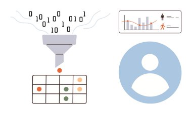 Bir huniden bir tabloya, kullanıcı profili simgesine ve performans ölçüm tablosuna filtrelenen ikili kod. Veri işleme, makine öğrenme, analitik, büyük veri, yapay zeka, kullanıcı davranış teknolojisi için ideal