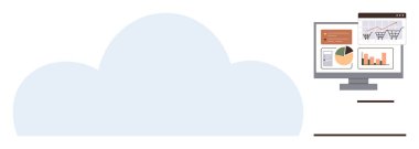 Analiz, çizelge ve alışveriş arabası verilerini bir bulut şekline bağlayan bilgisayar ekranı. Veri depolama, teknoloji, iş analizleri, bulut hesaplama ve yenilik için ideal