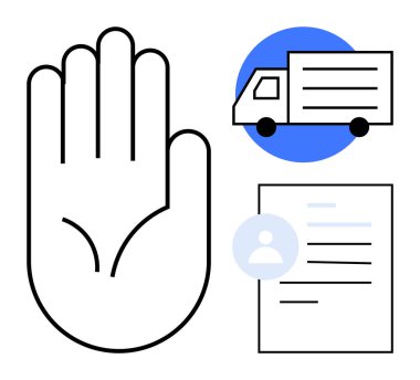 Kimlik doğrulama, belge güvenliği, teslimat hizmetleri, dijital kimlik doğrulama, kişisel veriler, lojistik. El simgesi, kamyon kullanıcı profili belgesi. Kimlik doğrulama ve belge güvenliği