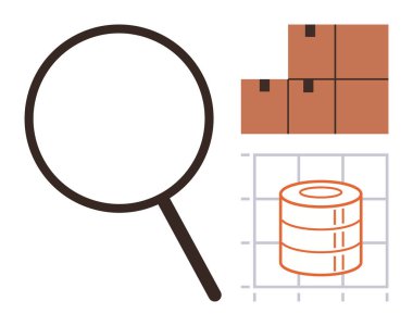 Büyüteç, istiflenmiş kutular ve veri şebekesi. Lojistik, araştırma, veri analizi, envanter, tedarik zinciri verimliliği işletmeleri için ideal. Basit düz metafor