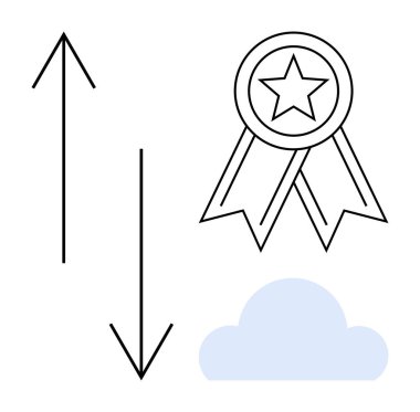 Kariyer büyümesi, başarı, rekabet, yön bulma, arzu, hedefler. Yukarı ve aşağı oklar, ödül kurdelesi ve bulut. Kariyer büyümesi ve başarı kavramı