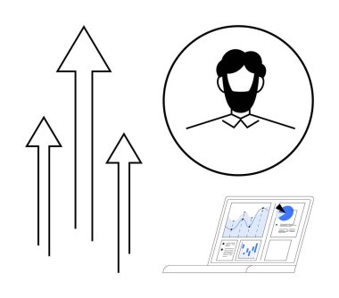 Kariyer geliştirme, iş analizleri, kişisel büyüme, veri izleme, dijital raporlama, kullanıcı görüşleri. Oklar büyümeyi, dairesel kullanıcı profili simgesini ve grafikli dizüstü bilgisayarı simgeler. Kariyer