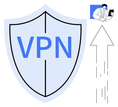 Çevrimiçi gizlilik, dijital güvenlik, şifreli veri, uzaktan erişim, siber güvenlik, anonim tarama. VPN 'li kalkan, yukarı doğru ok ve tablet tutan şahıs. Çevrimiçi gizlilik ve dijital güvenlik