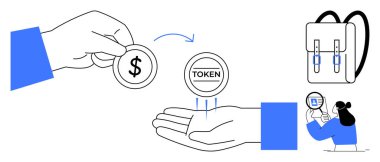 Jeton değişimi konsepti. El, jeton takası karşılığında bir dolar veriyor. Dijital çağda finans, teknoloji ve e-ticaret için jeton transferi. Fintech için mükemmel, engelleme zinciri