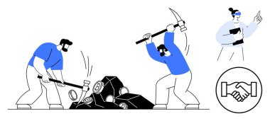 Maden konsepti. Ekip çalışması ve iş birliği görüntüleriyle birlikte mineral çıkarma araçları kullanan işçiler. Madencilik endüstrisi, takım çalışması, el emeği, iş stratejileri, kurumsal