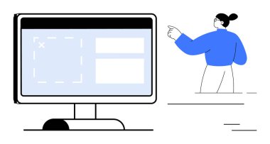 Web tasarımı, kullanıcı arayüzü, dijital çalışma alanı, yazılım geliştirme, işbirlikçi araçlar, teknoloji. Bir kişi yazılım düzenini gösteren bir monitörle etkileşime girer. Web tasarımı ve kullanıcı arayüzü