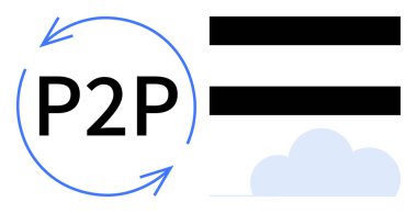 Dairesel P2P okları akranları birbirine bağlıyor, mavi bulut çevrimiçi depolamayı simgeliyor, siyah çizgiler veri alışverişini öneriyor. İşbirliği, ağ oluşturma, bulut teknolojisi, veri paylaşımı, engelleme zinciri, uzak