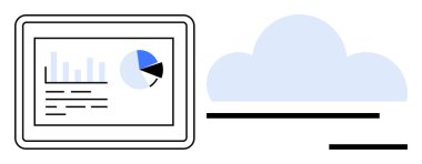 Bulut teknolojisi, veri analizi, bilgi depolama, iş zekası, dijital dönüşüm, raporlama. Tablet, çizelgeler ve bir bulut simgesi. Bulut teknolojisi ve veri analizi kavramı