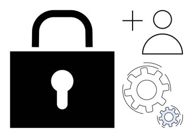 Güvenlik, gizlilik, kullanıcı denetimi, hesap yönetimi, sistem ayarları, dijital erişim. Kullanıcı ve dişli simgeli bir asma kilit. Dijital platformlar ve hizmetler için güvenlik ve gizlilik kavramları