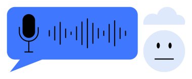 Ses teknolojisi, yapay zeka iletişimi, dijital asistanlar, konuşma analizleri, ses işleme, bulut hesaplama. Mikrofon ve ses dalgalarıyla mavi konuşma balonu. Ses teknolojisi ve yapay zeka iletişimi