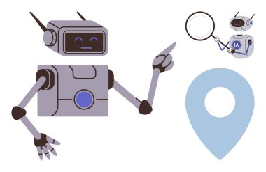 Robot yakınlarda bir harita iğnesiyle büyüteç tutarken işaret ediyor. Yapay zeka, veri keşfi, navigasyon, robotik, teknoloji, araştırma fütüristik temaları için idealdir. Basit bir düz metafor.