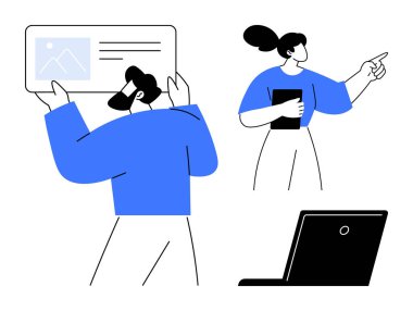 Takım çalışması, iletişim, teknoloji, sunumlar, ofis işleri, dijital araçlar. Dizüstü bilgisayarın yanında fikirleri tartışan ve sunan insanların basit tasarımı. Takım çalışması ve iletişim