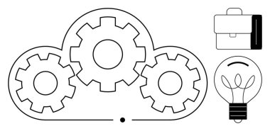 Bulut teknolojisi, yenilik, problem çözme, iş stratejisi, veri yönetimi, dijital çözümler. Vitesli bir bulut, bir ampul ve bir evrak çantası ikonu. Bulut teknolojisi ve yenilik kavramı