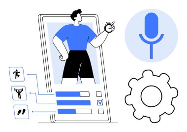 Fitness izleme, mobil teknoloji, ses komutları, uygulama işlevselliği, egzersiz izleme, dijital sağlık. Telefon ekranındaki kişi, aktivite simgeleri mikrofon dişli sembolü. Fitness izleme