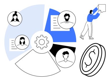 Takım çalışması konsepti. Ekip çalışması, pasta grafiği ve kullanıcı profilleri. Takım çalışması işbirliğini, stratejik planlamayı ve mali yönetimi geliştirir. İK, proje yönetimi ve iş araçları için