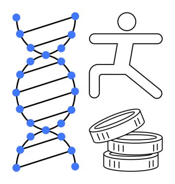 Genetik, zindelik, sağlık, finans, ekonomik büyüme, sağlık farkındalığı. Bir DNA ipliği, fitness figürü ve istiflenmiş para ikonu. Genetik ve zindelik, sağlık ve sağlık kavramları