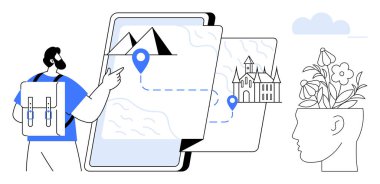 Sırt çantalı adam, dağ ve kaleyi gösteren dijital haritayla etkileşime giriyor. Yaratıcılığı sembolize eden bir kafanın yanında. Macera, teknoloji, navigasyon, farkındalık ve seyahat için ideal