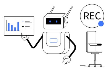 Yapay zeka, veri analizi, otomasyon, teknoloji, iş zekası, robotlar. Sandalyenin yanında veri tablosu ve kayıt sembolü gösteren bir robot. Yapay zeka ve veri