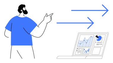 Veri analizi, büyüme stratejileri, iş sezgileri, dijital araçlar, performans takibi, karar verme mekanizması. Bir adam dizüstü bilgisayara ve mavi oklara doğru hareket eder. Veri analizi ve büyüme stratejileri