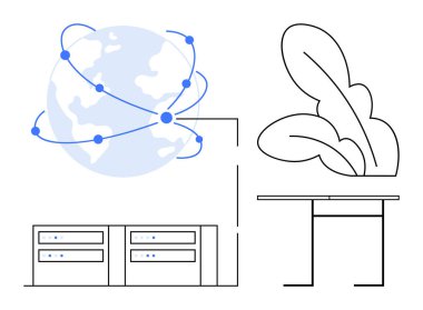 Küresel bağlantı, veri yönetimi, teknoloji altyapısı, ağ sistemleri, dijital iletişim, modern çalışma alanı. Düğümlü dünya, veri sunucuları yaprakları ve masası. Genel bağlantı