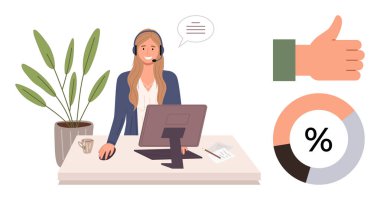 Bilgisayarı, bitkisi, geri bildirim başparmakları ve pasta grafiği olan bir masada kulaklık takan gülümseyen kadın. Destek, iletişim, verimlilik, analitik geri bildirim uzaktan çalışma takım çalışması için idealdir. Basit.